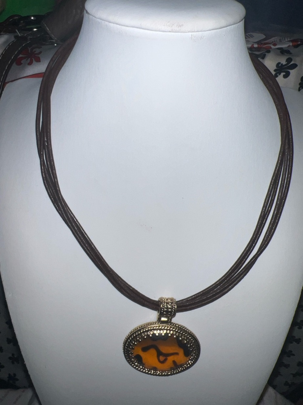 Gold-Tone Amber Oval Pendant Necklace - Brown Cord
